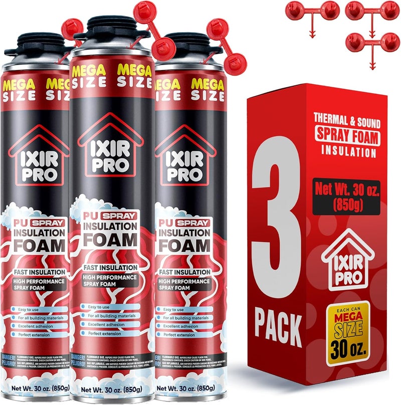 ixirpro Spray Foam Insulation Can (3 x 30 oz. / 850 g) Expanding Sealant, Mega Size Closed Cell Spray Foam Insulation, High Density, Walls Ceiling Windows Doors - Image 1